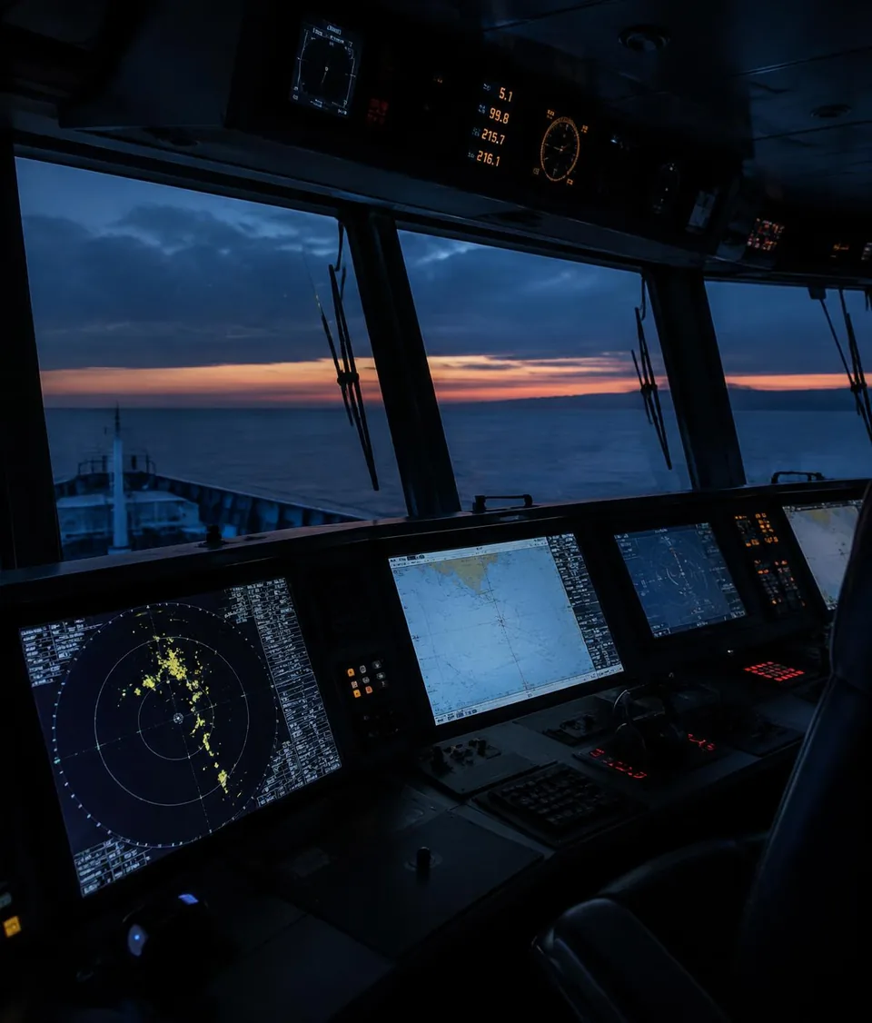 Ship's bridge at dusk with radar and ECDIS displays lit